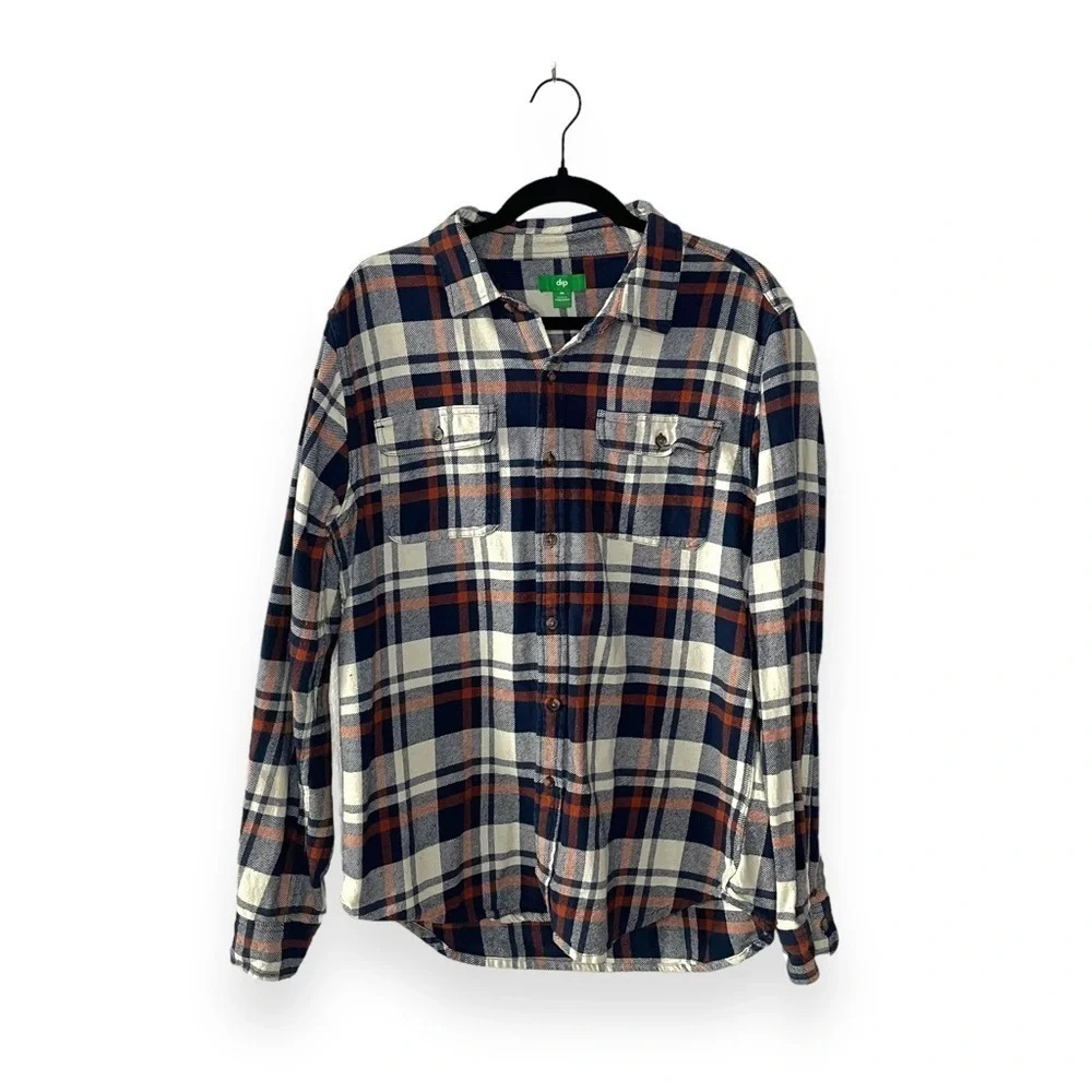 Dip Plaid Flannel Shirt Blue Orange Mens Medium Button Front Cotton